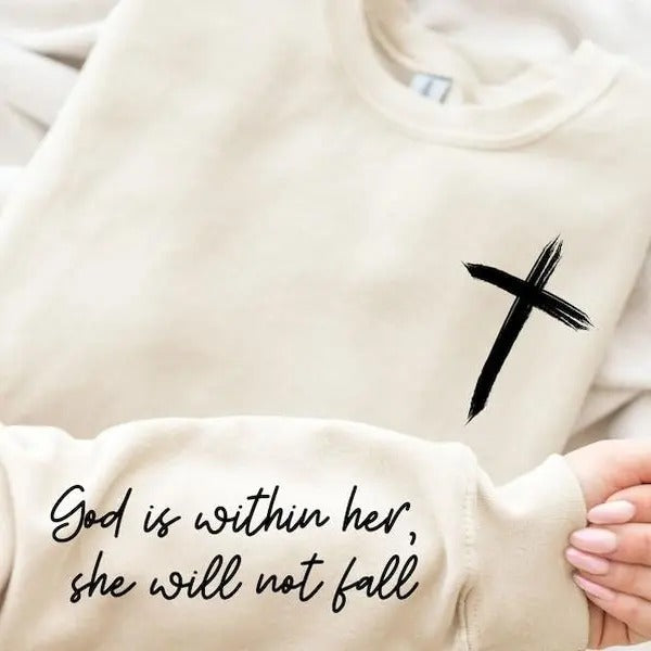 God Is Within Her Sweatshirt with Quote on Sleeve, Christian Sweatshirt, Jesus Lover Gift Cross Sweatshirt, Religious...
