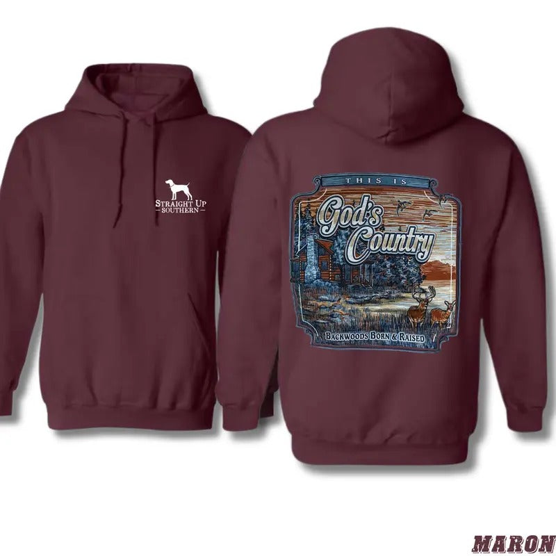 God's Country Hoodie - Rustic Outdoor Design Featuring Scenic Backwoods, Cabin, and Majestic Wildlife in a Bold Southern...