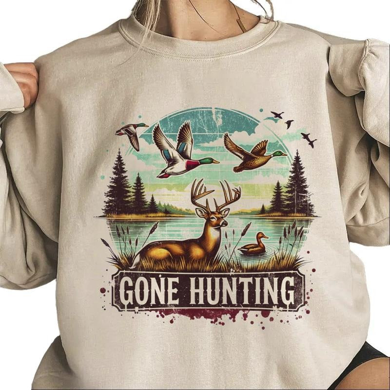 Gone Hunting Deer Sweatshirt Mallard Duck Retro T-Shirt Hunting Season National Day Unisex Hoodie | ZylaModa.com