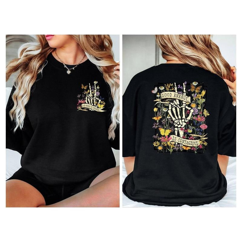Good Energy Is Contagious Shirt, Motivational Shirt,  Women Tee, This black t-shirt features a unique design of a...