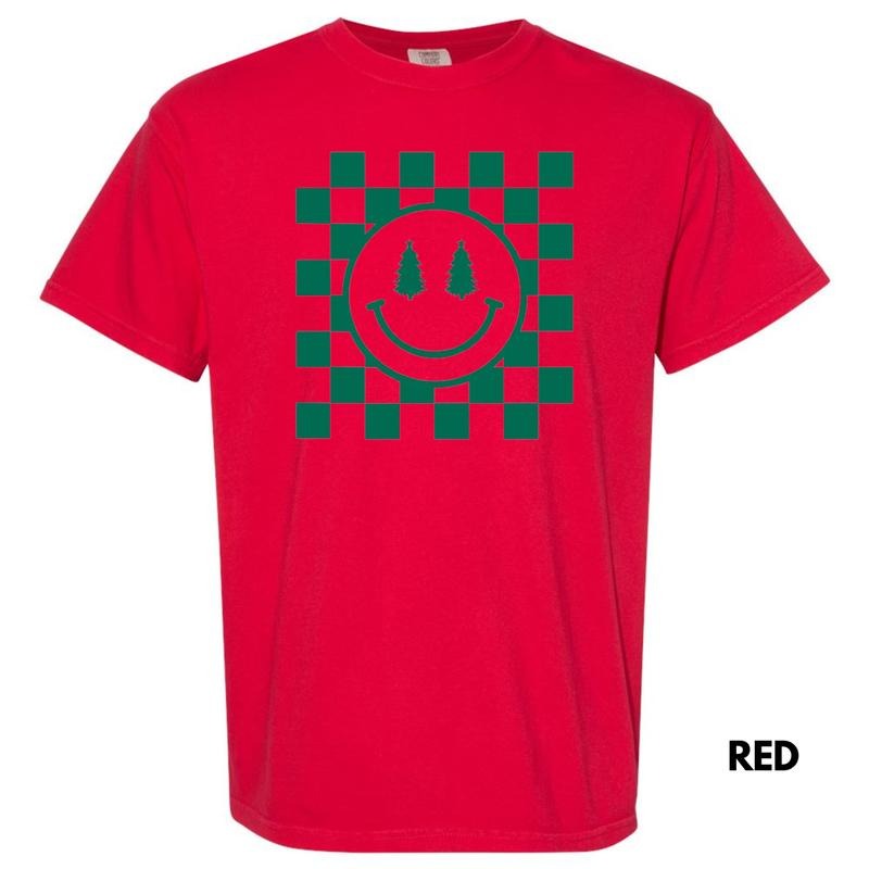 Green Checkered Christmas Tree Happy Face Comfort Colors T-Shirt Hoodie, Sweatshirt | ZylaModa.com