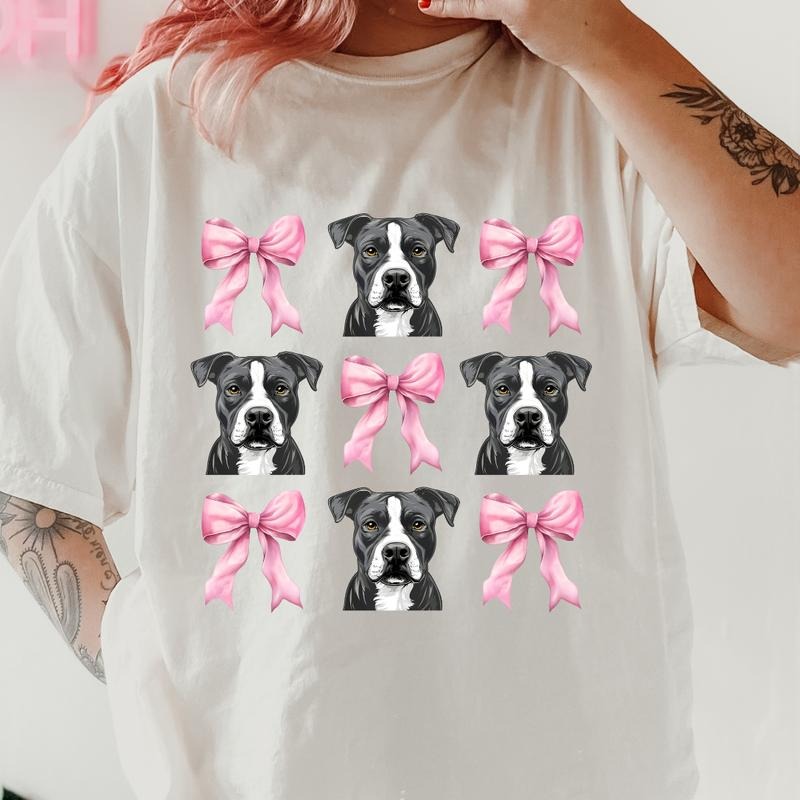 Grey and White Pitbull with bows Shirt~ Unisex Apparel Relaxed Fit Printed In The USA Clothing Womenswear Casual Comfort...