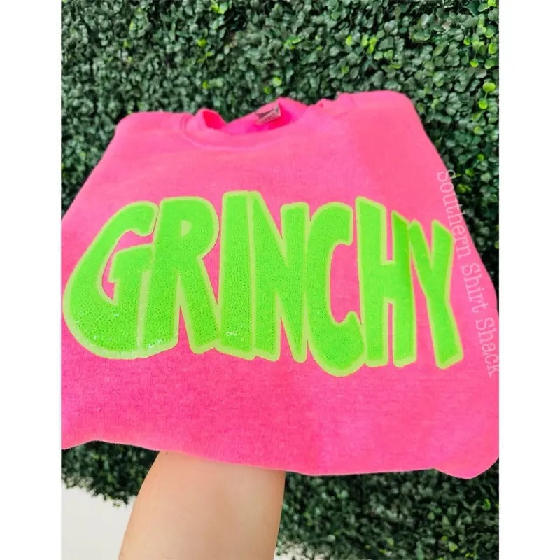 Grinchyyyy Sequin Patch Sweatshirt | Holiday Christmas Sweatshirt T-Shirts, Hoodie | ZylaModa.com