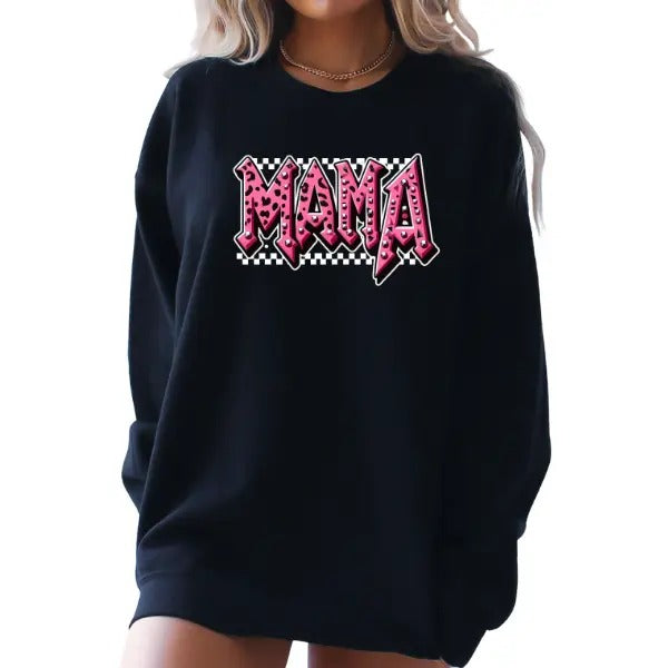 Mama Pink Leopard w/Grommets & Checkered Sweatshirt, T-Shirt or Hoodie, Casual Long Sleeve Pullover for Women, Gothic,...