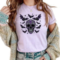Grunge Alt Aesthetic Faux Rhinestone Skull with Bats Graphic Tee - Halloween Dark Vibes | Purple & Black Sparkle Skull...