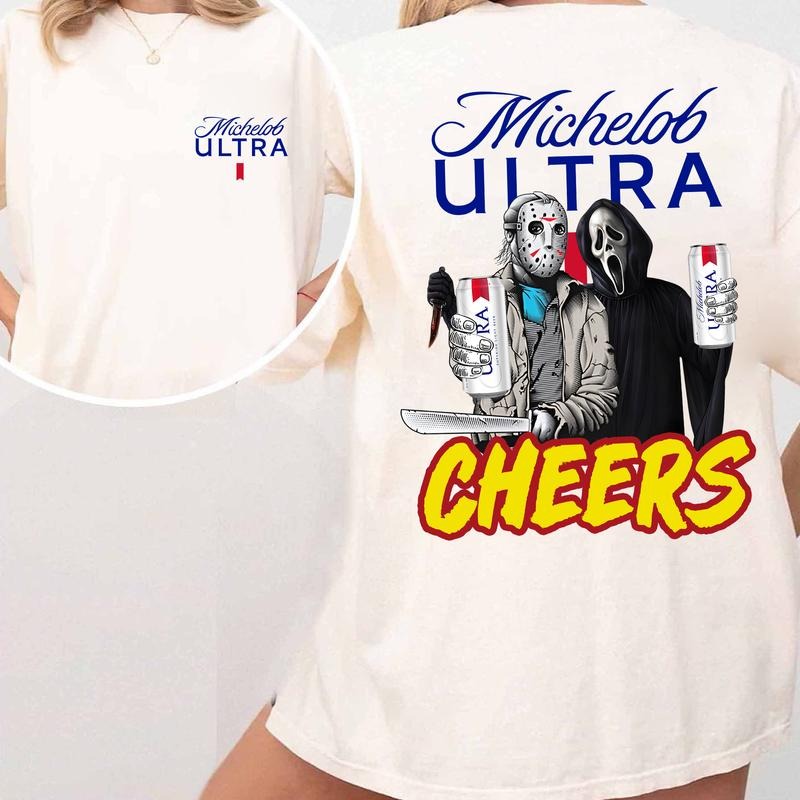 H0rr0 Character Bee.r Cheer.s Halloween Shirt, Gh0st Face Shirts, Scary Movie Shirts Hoodie, Sweatshirt | ZylaModa.com