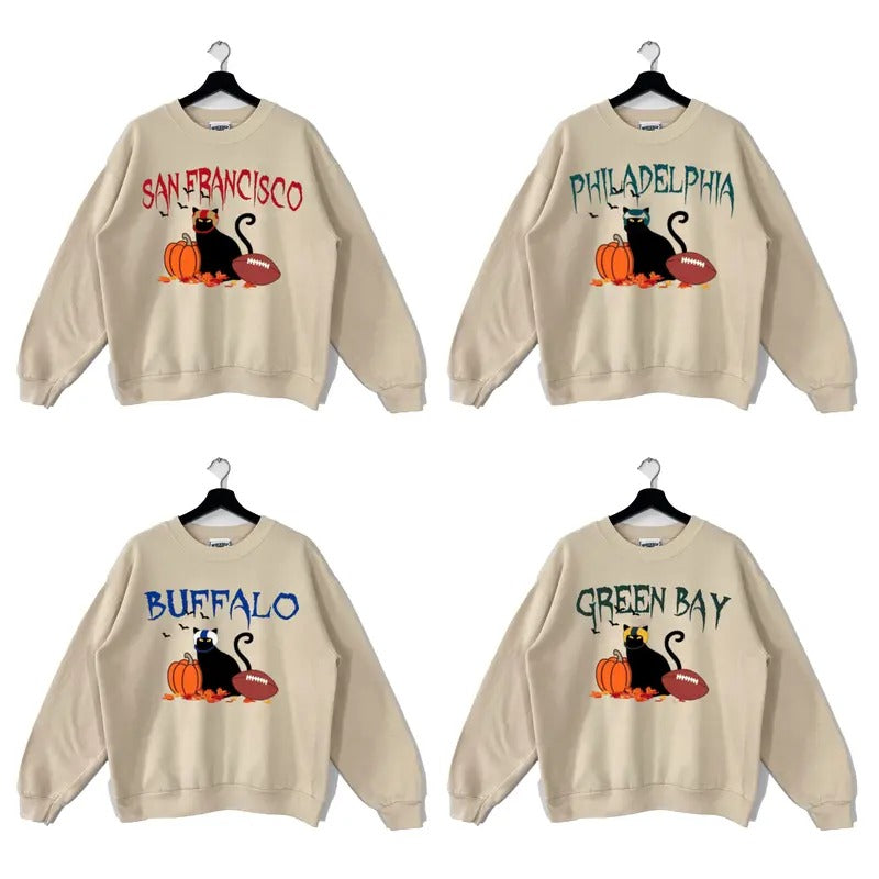 Halloween Black Cat Football Sweatshirt Color Sand, Football Sweatshirt T-Shirts, Hoodie | ZylaModa.com