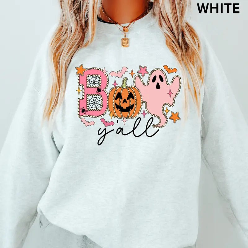 Halloween Boo Y'all Retro Sweatshirt ~ Unisex Apparel Relaxed Fit Printed In The USA Clothing Womenswear Casual Comfort...