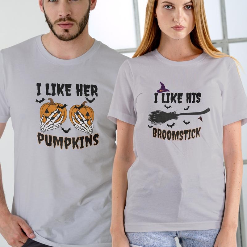 Halloween Couples Shirts I Like Her Pumpkins & I Like His Broomstick Funny Unisex Cotton for Spooky Fun Hoodie, Sweatshirt