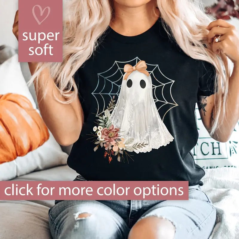 Halloween Ghost Shirt, Lace Ghost Tshirt for Women, Girly Ghost T Shirt Gift for Her, Coquette Ghost Halloween T-Shirt,...