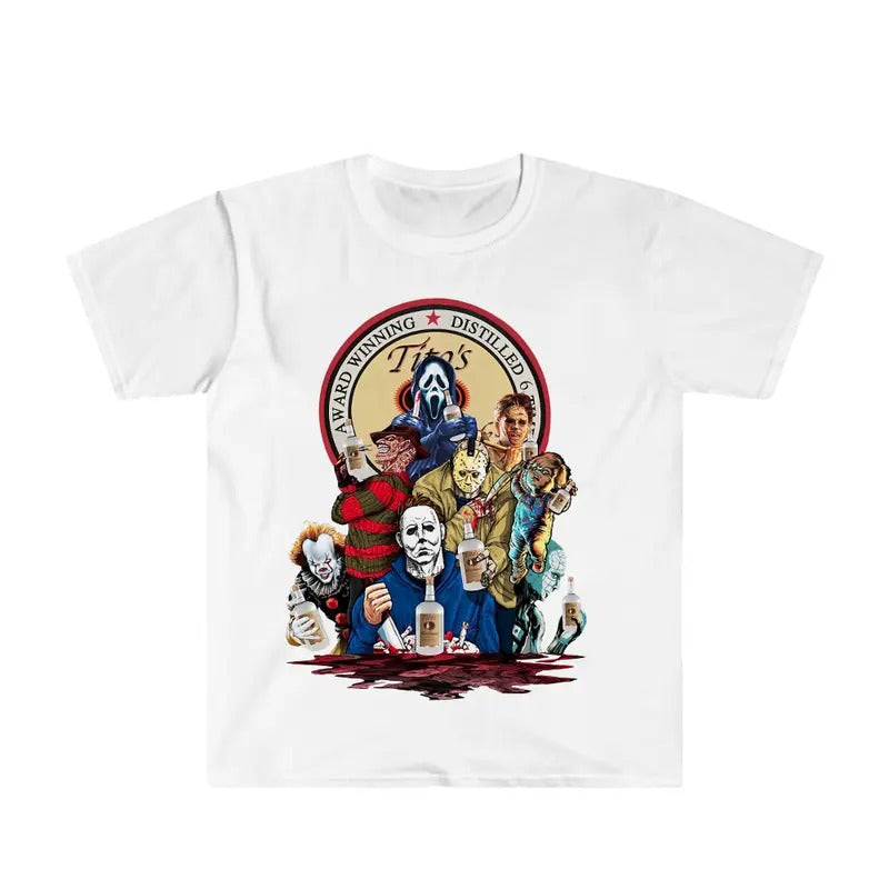 Halloween Horror Characters Drinking Tit.o's Vodk.a Shirt Unisex T Shirt Hoodie Sweatshirt | ZylaModa.com