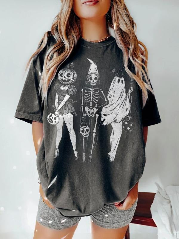 Halloween PNG, Ghost Girl Squad PNG, Skeleton Ghost Pumpkin PNG, Magic Autumn Shirt Design, Retro Halloween Atmosphere...