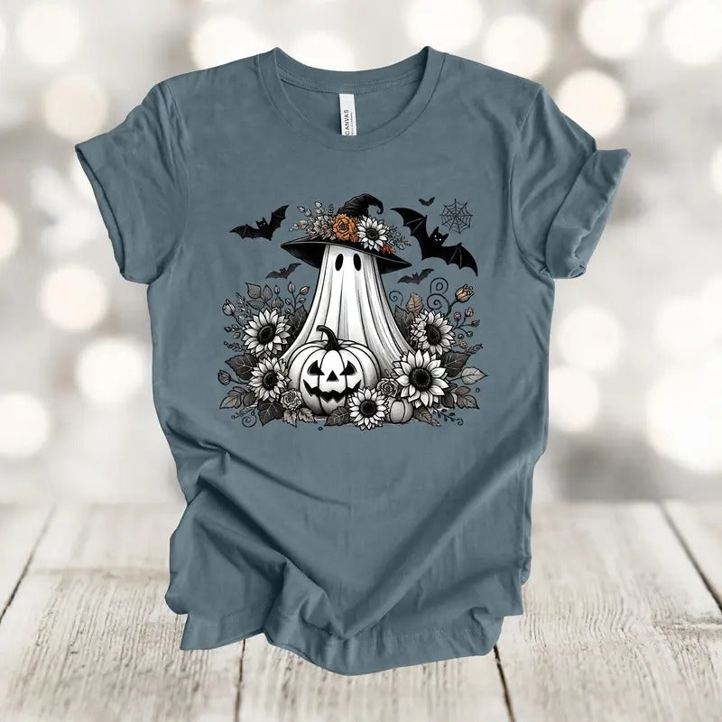 Halloween Shirt, Ghost With Flowers Pumpkin And Bats, Floral Spooky, Premium Unisex Shirt Hoodie, Sweatshirt | ZylaModa.com