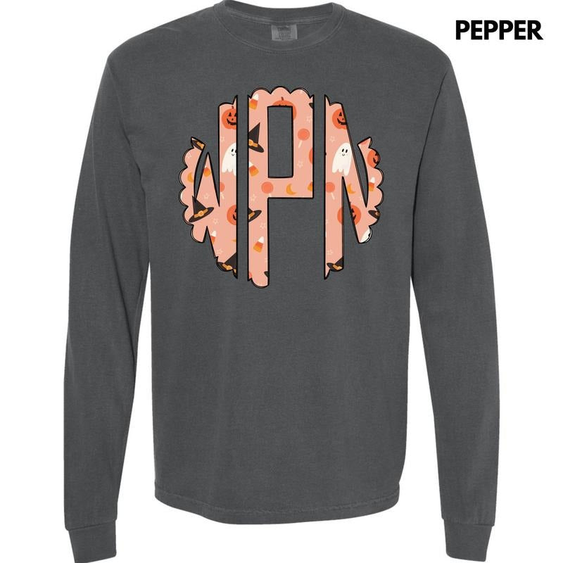 Halloween Things Monogram Long Sleeve Comfort Colors T-Shirt 'NLB' Hoodie, Sweatshirt | ZylaModa.com