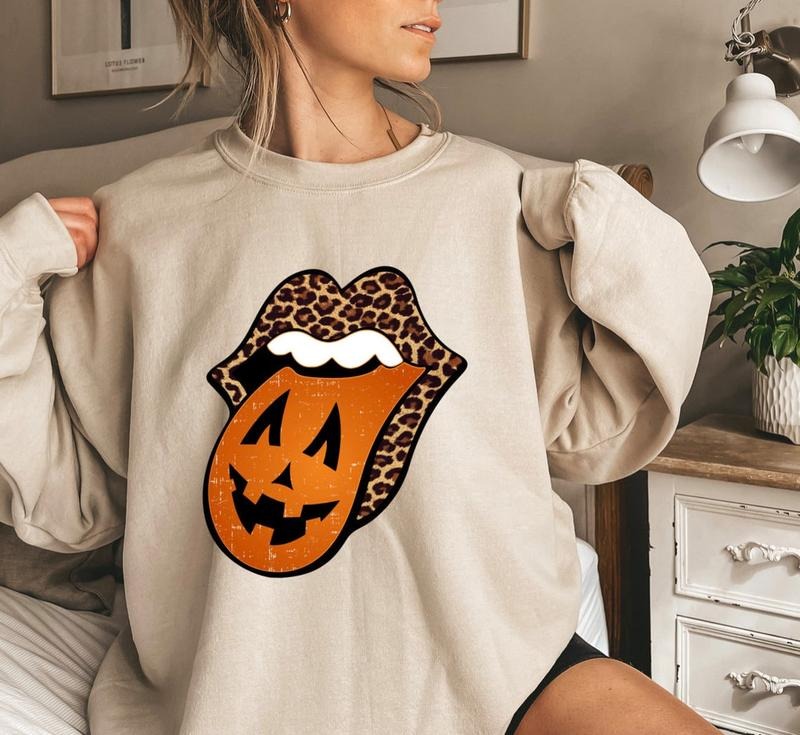 Halloween Tongue Mouth Sweatshirt, Leopard Lips Halloween Shirt, Pumpkin Lips Tongue Shirt, Fall Shirt, Halloween Party...