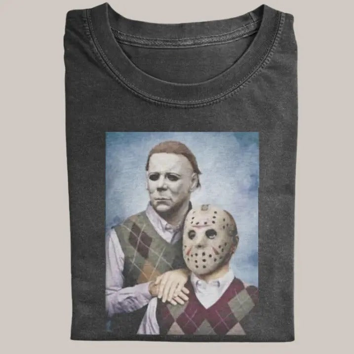 Halloween Vintage Tees, Jason Voorhees Michael Myers T-shirt, Horror Movie Shirt, Unisex Funny Halloween Shirt Menswear...