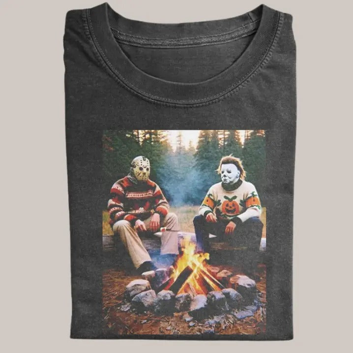Halloween Vintage Tees, Jason x Michael Camping Funny T-Shirt, Horror Movie Shirt, Unisex Funny Halloween Shirt Menswear...
