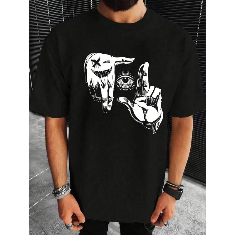 Hand pattern printed T-shirt men's casual style summer and autumn slightly elastic round neck T-shirt Made in USA Hoodie,...