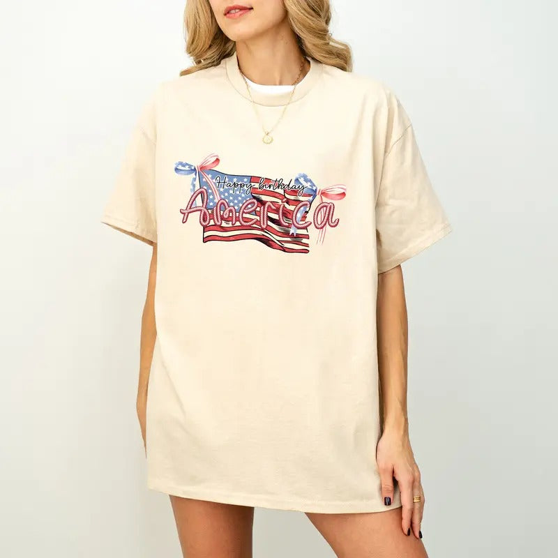 Happy Birthday American Coquette Flag Shirt, Coquette American Flag Shirt, Coquette Bow Shirt, 4th of July sublimation,...