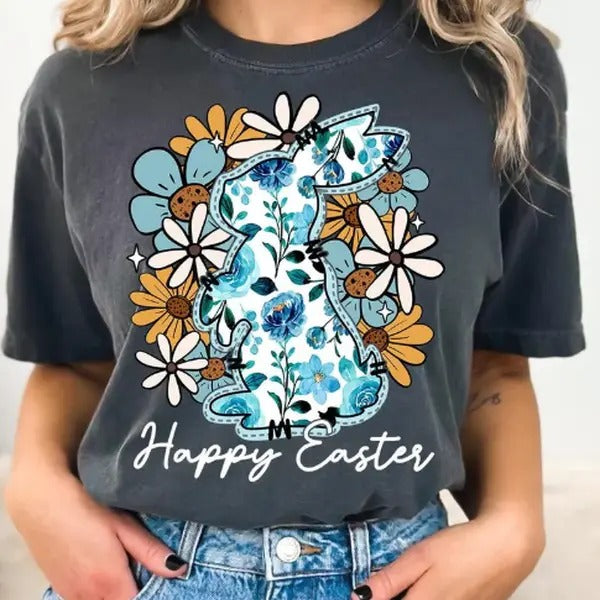 Happy Easter Bunny Shirt, Tee Shirt , Easter Shirt , Floral Easter T-shirt Hoodie, Sweatshirt | ZylaModa.com