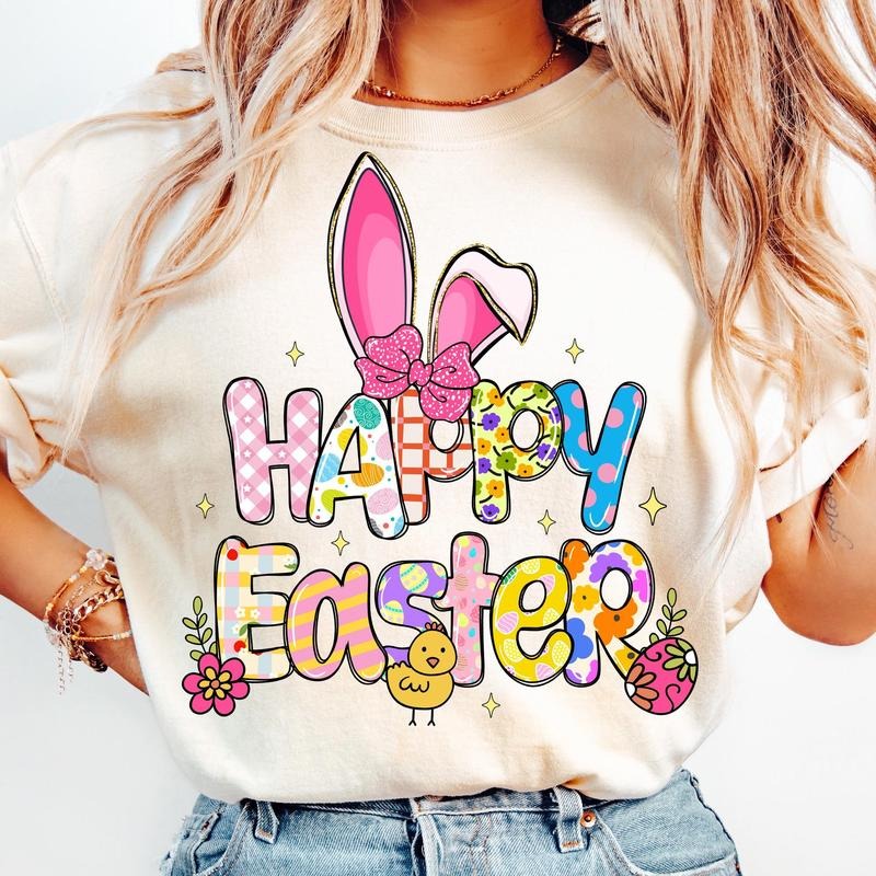 Happy Easter T-Shirt, Easter Bunny T-Shirt, Pastel Easter Coquette T-Shirt, Floral Spring T-Shirt, Bunny Bow T-Shirt,...