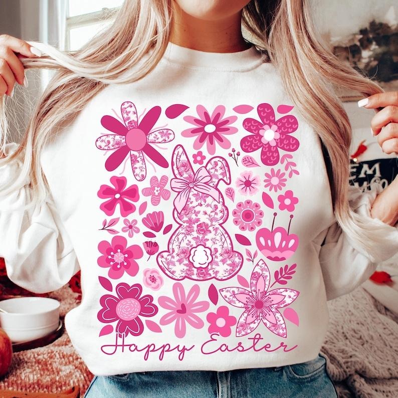 Happy Easter , Pink Floral Chinoiserie Bunny , Boho Easter , Grand Millennial, Pink Toile Easter Rabbit , Easter Coquette...