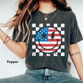 Happy Face Checkered Blue & Red Shirt, 4th Of July Shirt, Memorial Day,Flag Smiley Shirt,4th Of July Shirt Hoodie, Sweatshirt