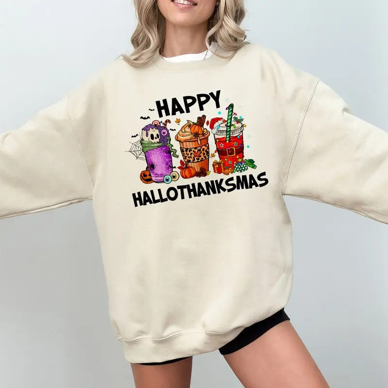Happy Hallothanksmas Coffee Sweatshirt, Happy Halloween Shirt, Thanksgiving Shirt, Christmas 2024 Shirt, Santa Shirt,...