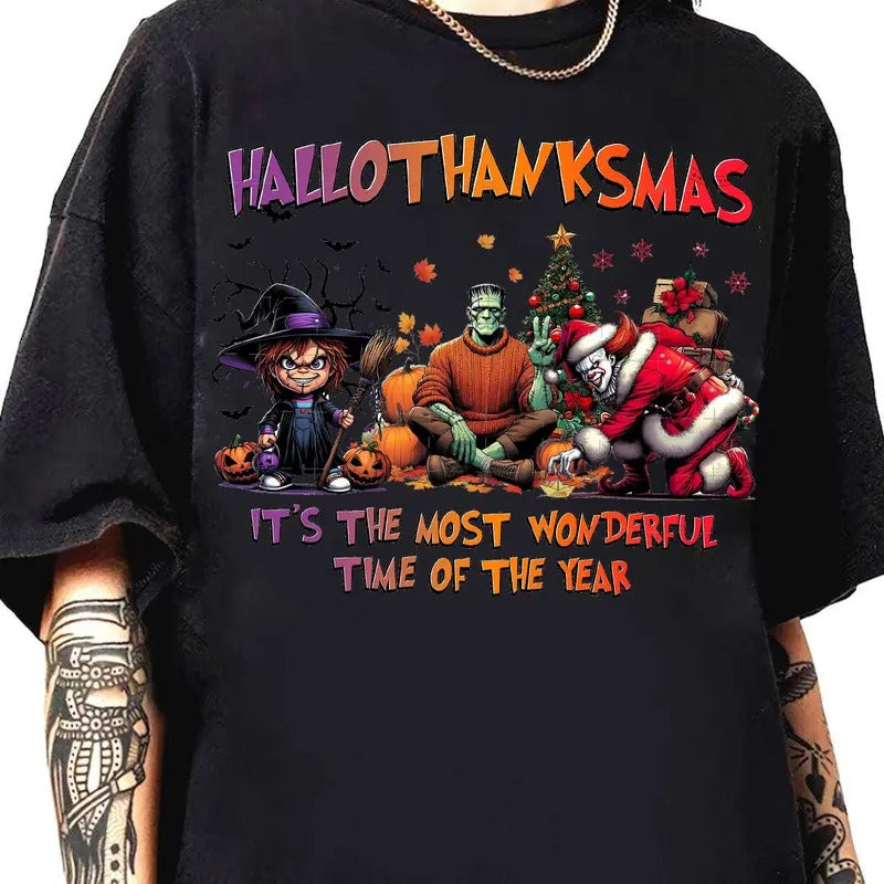 Happy Hallothanksmas Shirt, Funny Christmas Horror Shirt, Fall Pumpkin Shirt, Horror Friends Shirt Hoodie, Sweatshirt