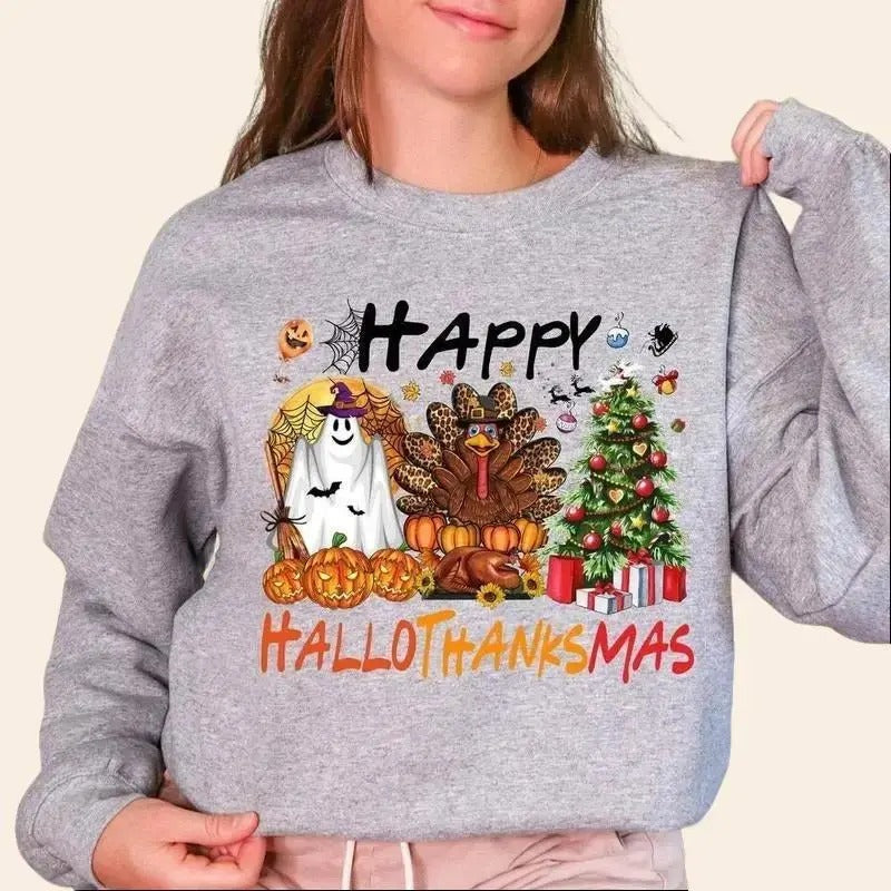 Happy Hallothanksmas Shirt, Funny Unisex T Shirt Crewneck Cotton Fabric Hoodie, Sweatshirt | ZylaModa.com