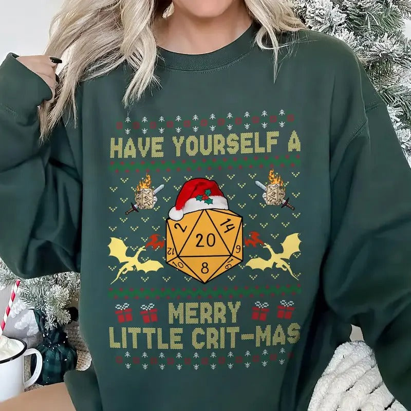 Have Yourself a Merry Little Critmas DnD Shirt, D&D Ugly Christmas Sweater Gift, Dungeon Master Christmas Sweatshirt, Dnd...