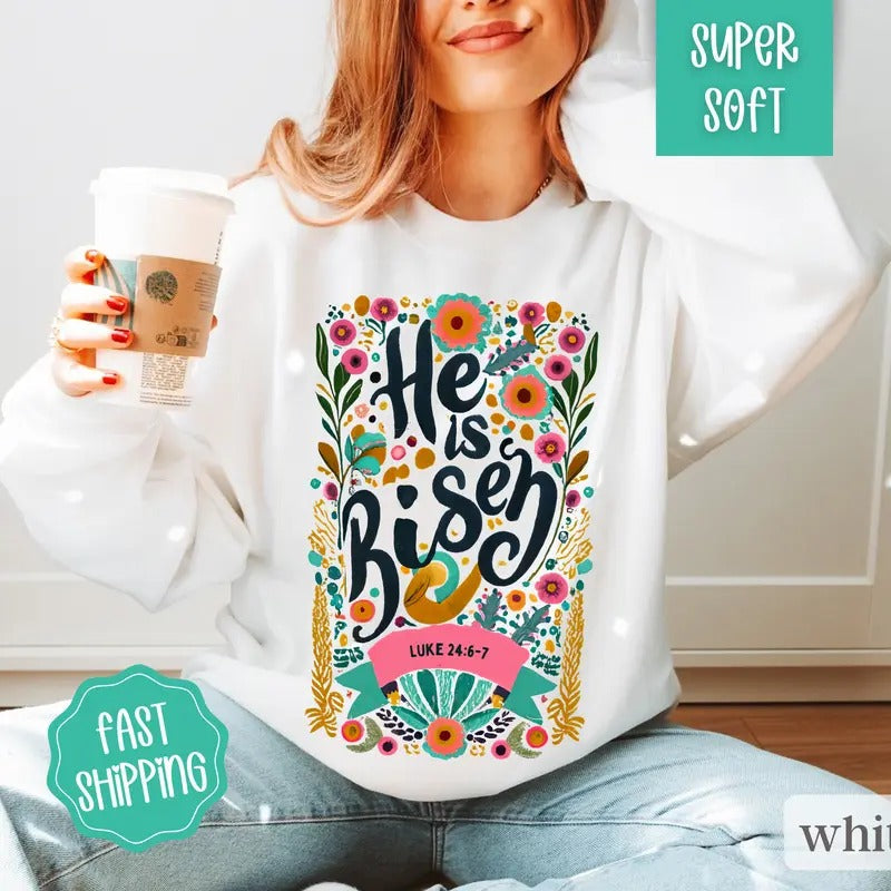 He Is Risen Sweatshirt, Jesus Shirt, Easter Outfit, Easter Crewneck Hoodie | ZylaModa.com