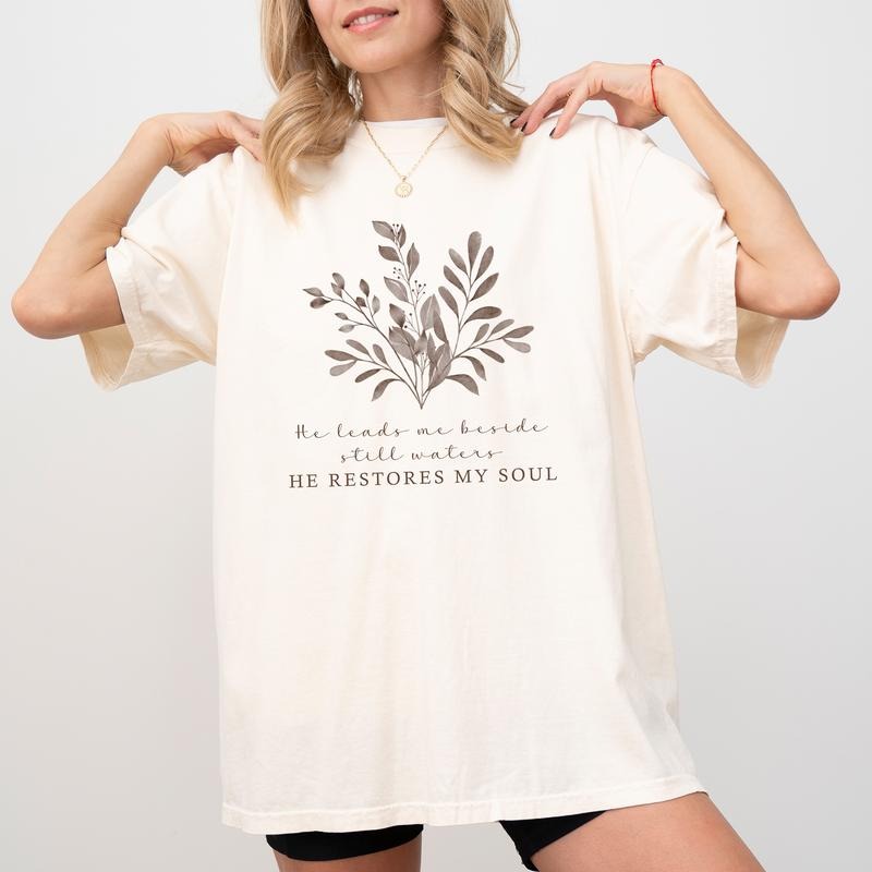 He Leads Me Beside Still Waters Comfort Colors Shirt, Floral Bible Verse Unisex Graphic Tee, Christian Unisex T-Shirt,...