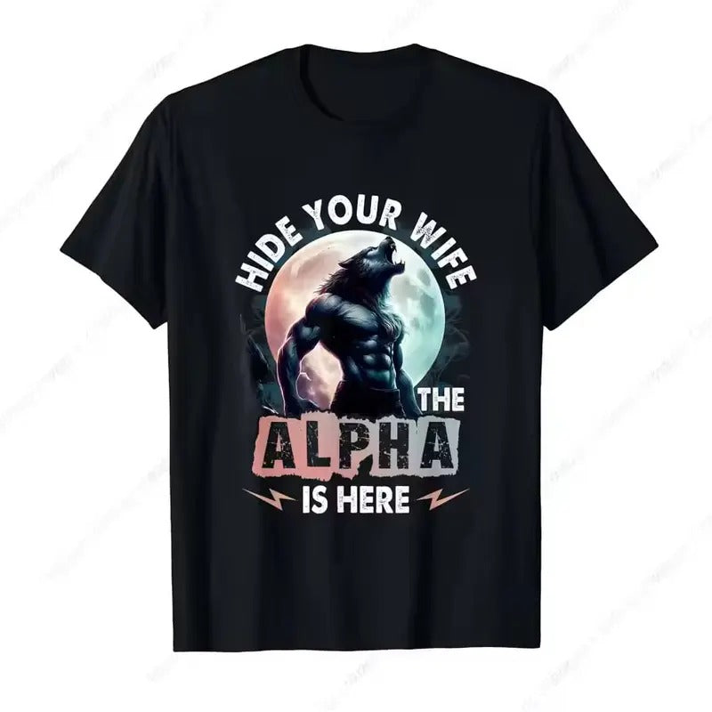 Hide Your Wife The Alpha Is Here Alpha Wolf Meme Cringe Vintage Graphic T-Shirt Short Sleeve Daily Comfortable Tee...