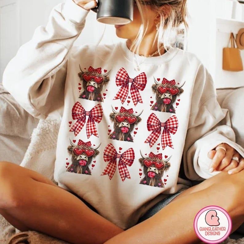 High.land Cow coquette Valentine's Day Blend Crewneck Sweatshirt, Valentine Western Cow T-Shirts, Hoodie | ZylaModa.com