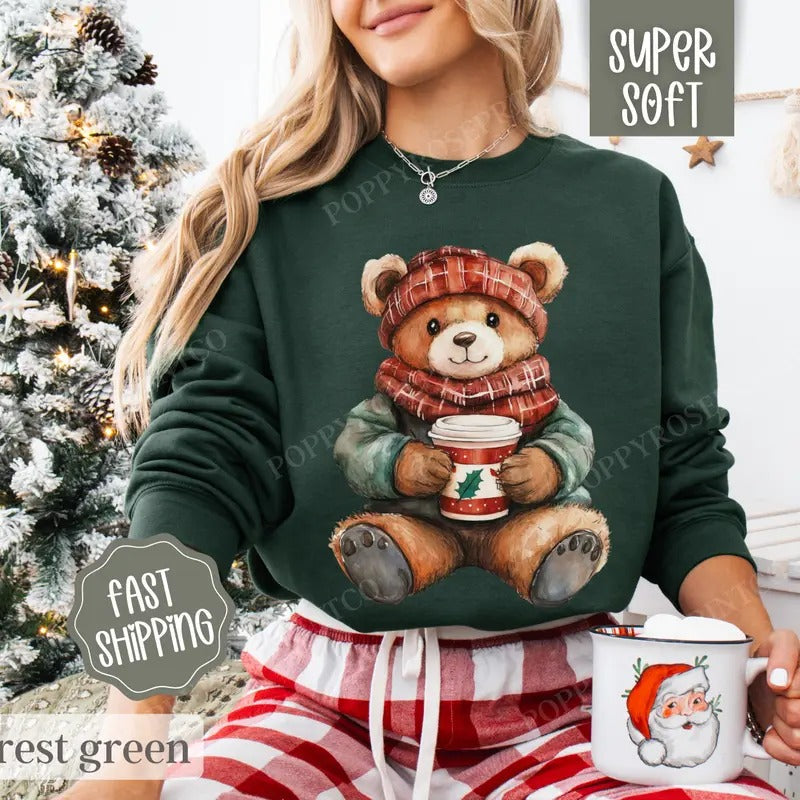 Holiday Bear Sweatshirt, Cute Christmas Sweater, Women's Holiday Crewneck T-Shirts, Hoodie | ZylaModa.com