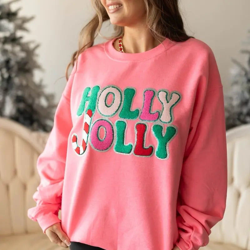 Holly Jolly Chenille Patch Sweatshirt | Holiday Christmas Sweatshirt T-Shirts, Hoodie | ZylaModa.com