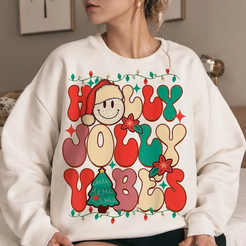 Holly Jolly Vibes Sweatshirt, Christmas 2024 Season, Merry Claus Unisex Crewneck Sweatshirt & T-shirt in Cotton Fabric