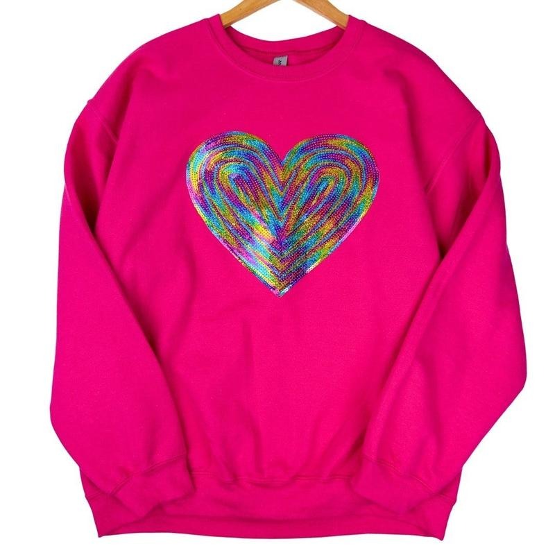 Holographic HEART Sequin Patch Sweatshirt -- HOT PINK T-Shirts, Hoodie | ZylaModa.com