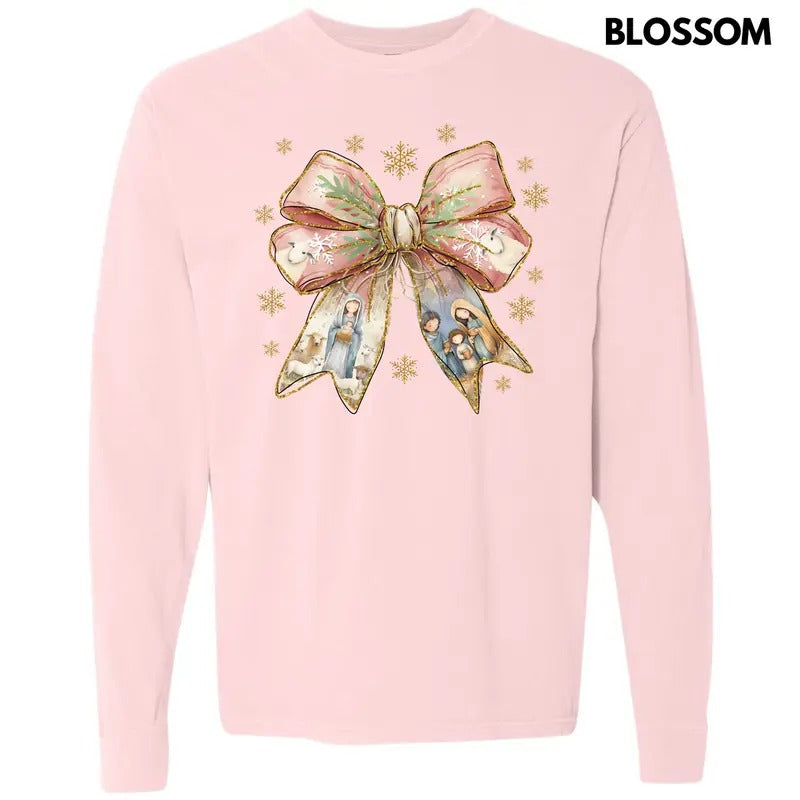 Holy Night Bow Long Sleeve Comfort Colors T-Shirt 'NLB' Hoodie, Sweatshirt | ZylaModa.com