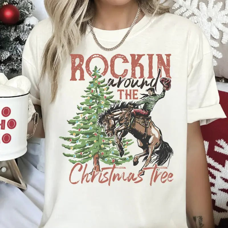 Rockin Around The Christmas Tree Sweatshirt/Shirt/Hoodie, Vintage Retro Crewneck, Country Xmas Tee, Cotton | ZylaModa.com