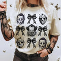Horror Coquette Bow Sweatshirt, Horror Halloween Sweater, Retro Halloween Crewneck, Scary Movies Shirt, Horror Characters...