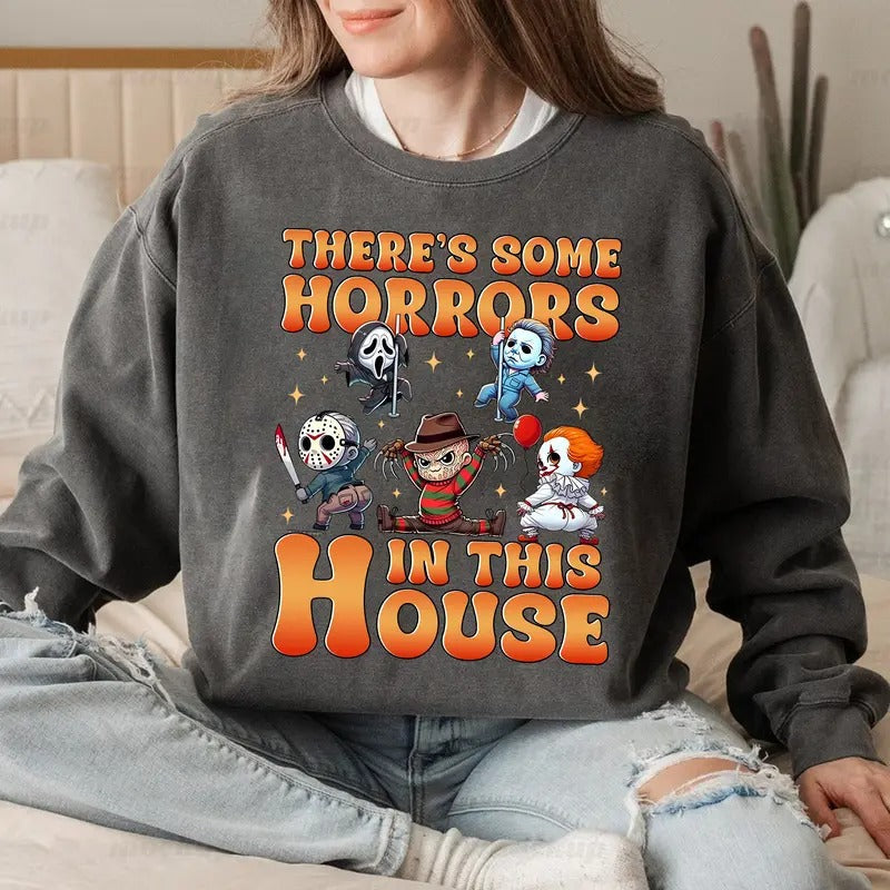 Horror Movie There's Some Horrors In This House Shirt , Friends Characters Shirt, Halloween Sweatshirt Hoodie | ZylaModa.com