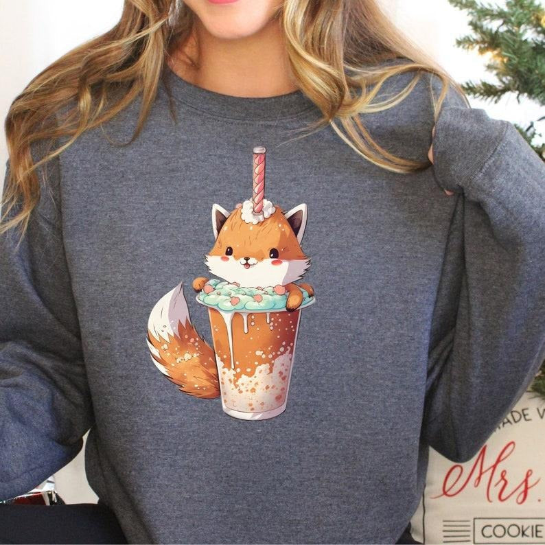Hot Chocolate Fox T Shirt Hoodie Sweater, Cute Boba Tea Shirt, Fox Boba Tea Shirt, Cute Fox T-Shirt, Tea Lover TShirt,...