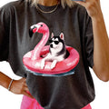 Husky Flamingo Float Dog Shirt ~ Unisex Apparel Relaxed Fit Printed In The USA Clothing Womenswear Casual Comfort Cotton...