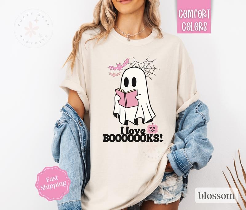 I Love Books Shirt Comfort Colors, Ghost Reading Tshirt, Teacher Halloween Tee Hoodie, Sweatshirt | ZylaModa.com