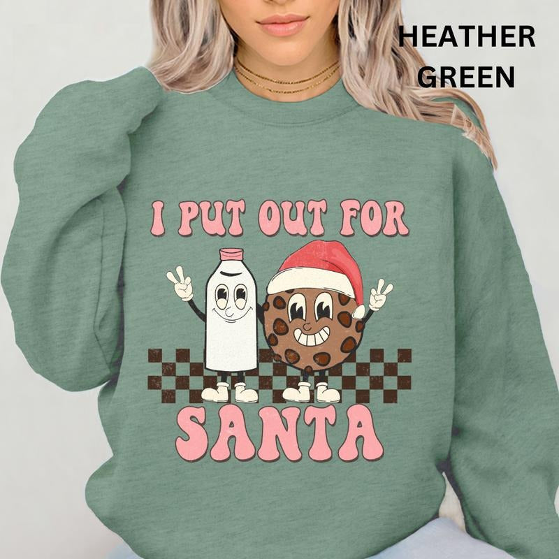 I Put Out For Santa Crewneck, Christmas Sweatshirt, Winter Season Graphic, Casual Cotton Crewneck, Polyester, Oversized...