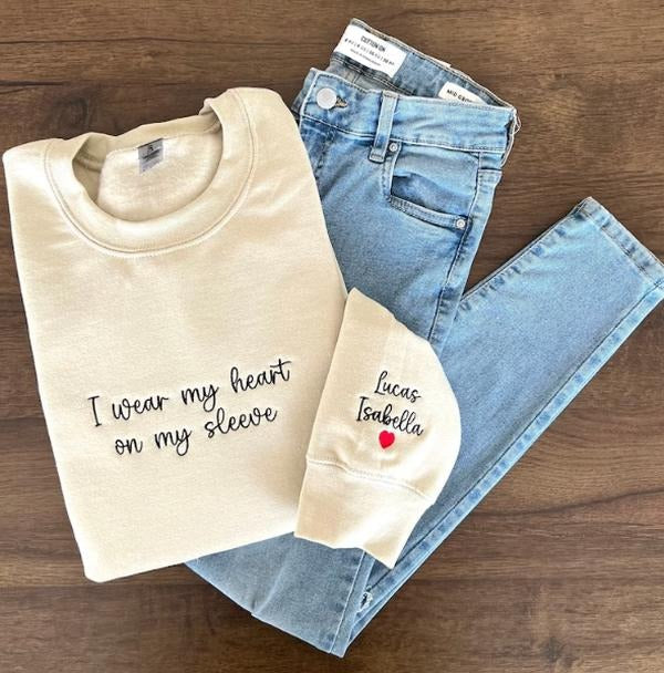 I Wear My Heart On My Sleeve, Embroidered Custom Mama Shirt With Kids Names, Pregnancy Reveal Hoodie Gift For New Mom,...