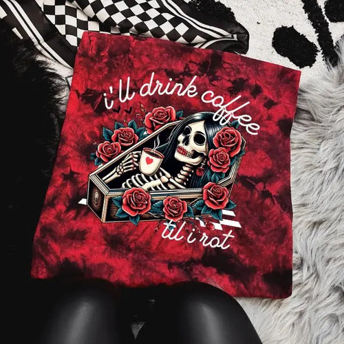 'I'll Drink Coffee Til I Rot' Red & Black Tie Dye Crewneck Sweatshirt, Alt, Grunge, Streetwear, Sarcastic, Punk, Cotton,...