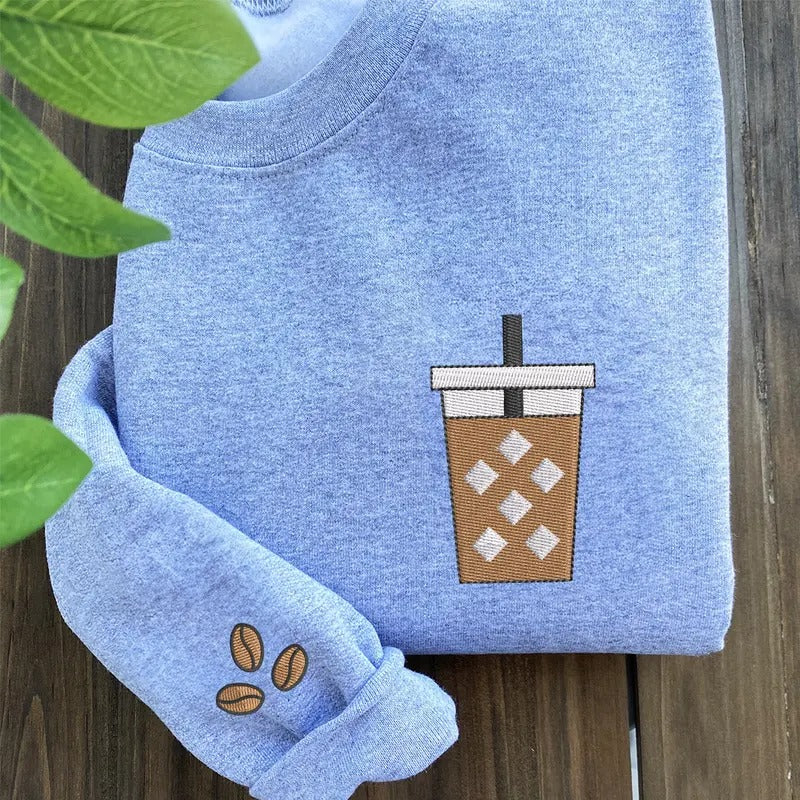 Iced Coffee Embroidered Sweatshirt, Coffee Lover Gift T-Shirts, Hoodie | ZylaModa.com